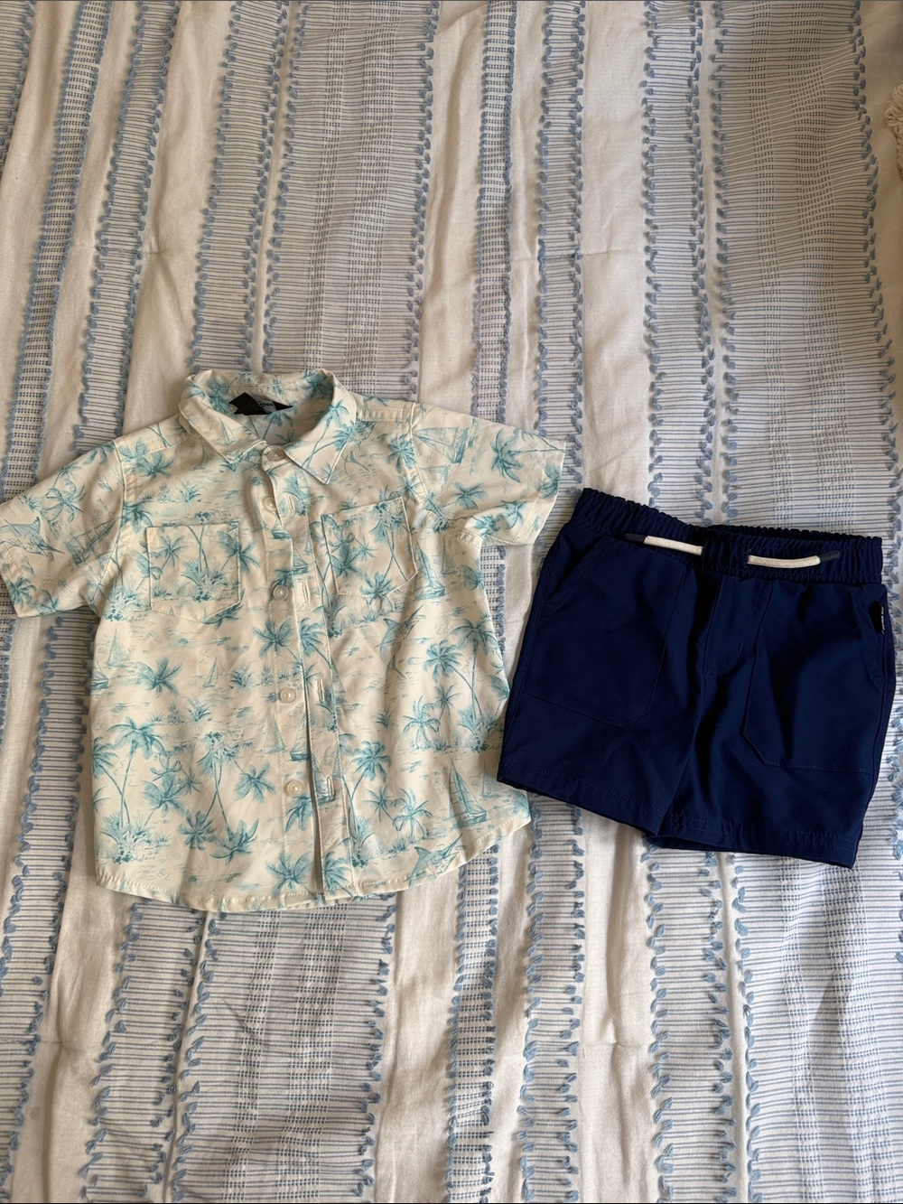 Eddie Bauer Cream Palm-Print Button Shirt with Navy Shorts